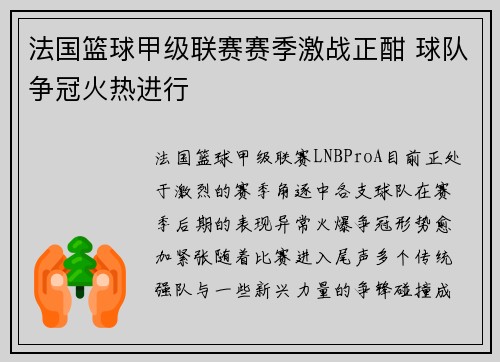 法国篮球甲级联赛赛季激战正酣 球队争冠火热进行